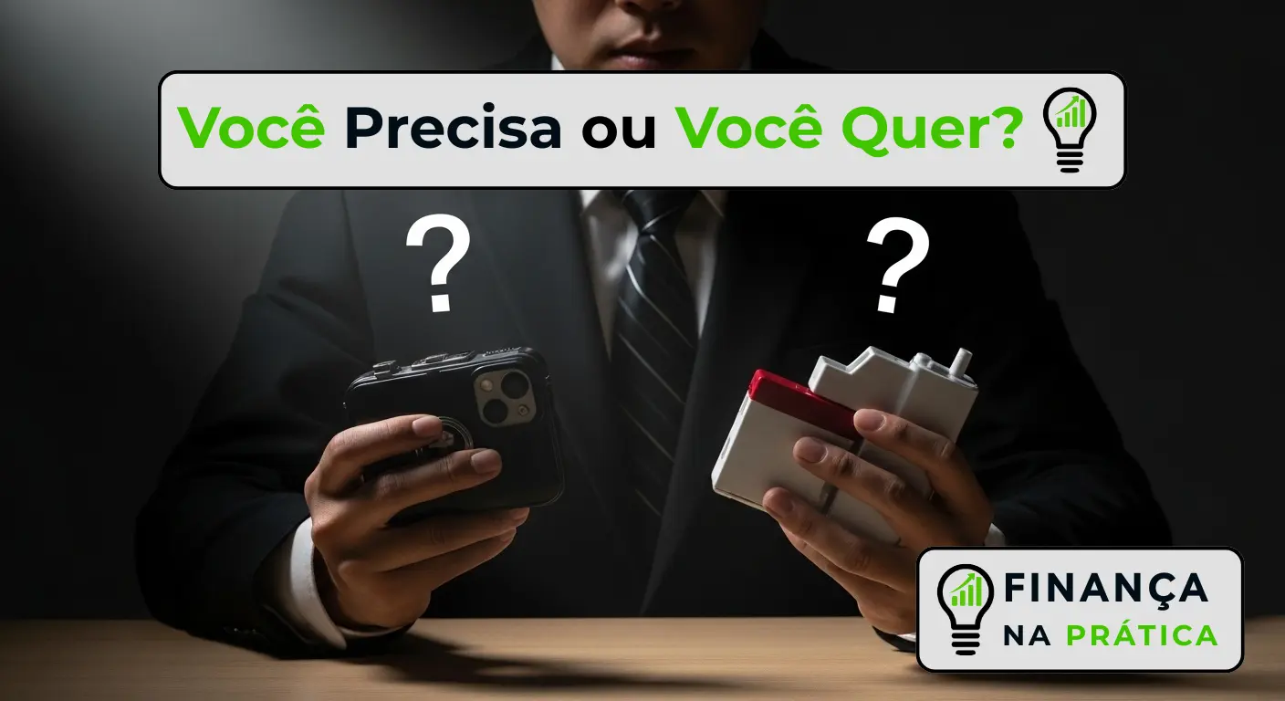 Pessoa em dúvida sobre compra, simbolizando a escolha entre querer e precisar financeiramente