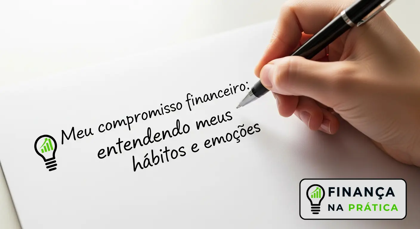 Pessoa escrevendo uma meta pessoal em papel, representando compromisso com a transformação financeira.