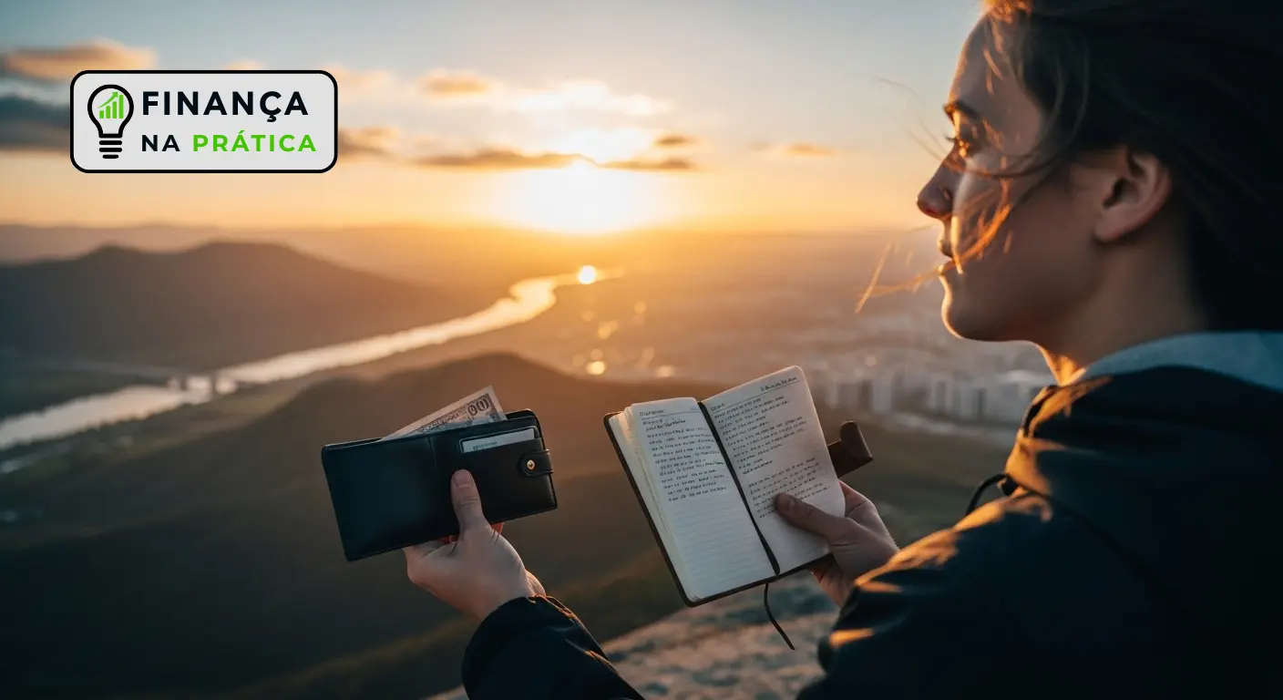 Pessoa olhando para o horizonte com carteira e caderno na mão, simbolizando liberdade financeira.