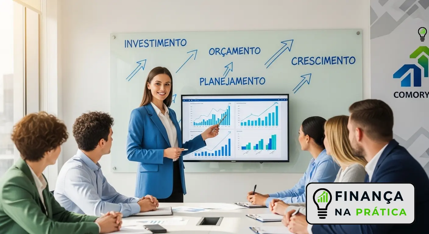 Profissional apresentando conceitos de educação financeira no trabalho