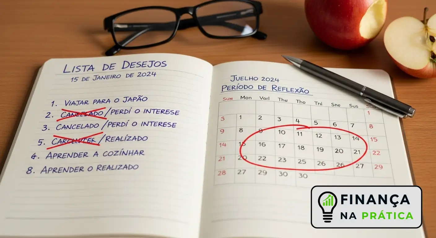 Lista de desejos manuscrita com prazo de reflexão, mostrando itens cancelados após o período de espera