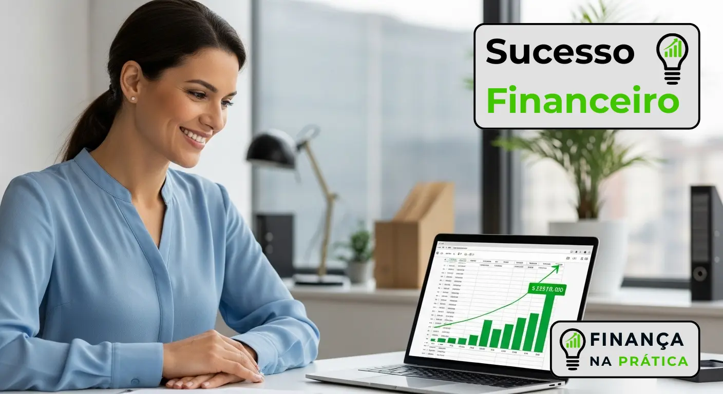 Mulher executiva analisando um gráfico financeiro crescente, simbolizando o sucesso após quitar dívidas