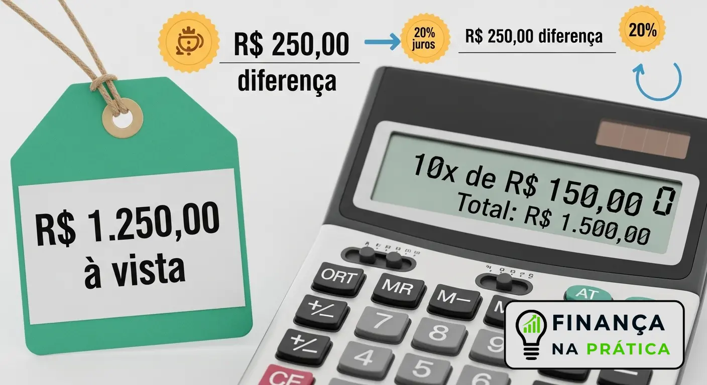 Calculadora mostrando custo real de parcelamento comparado ao valor à vista