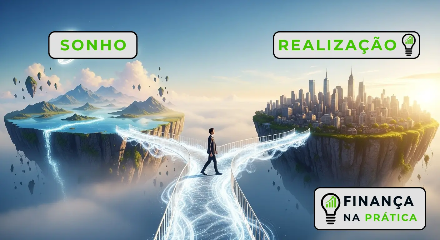 Pessoa atravessando ponte dos sonhos à realização financeira