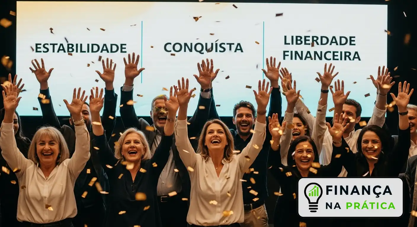 Pessoas comemorando conquistas e liberdade financeira