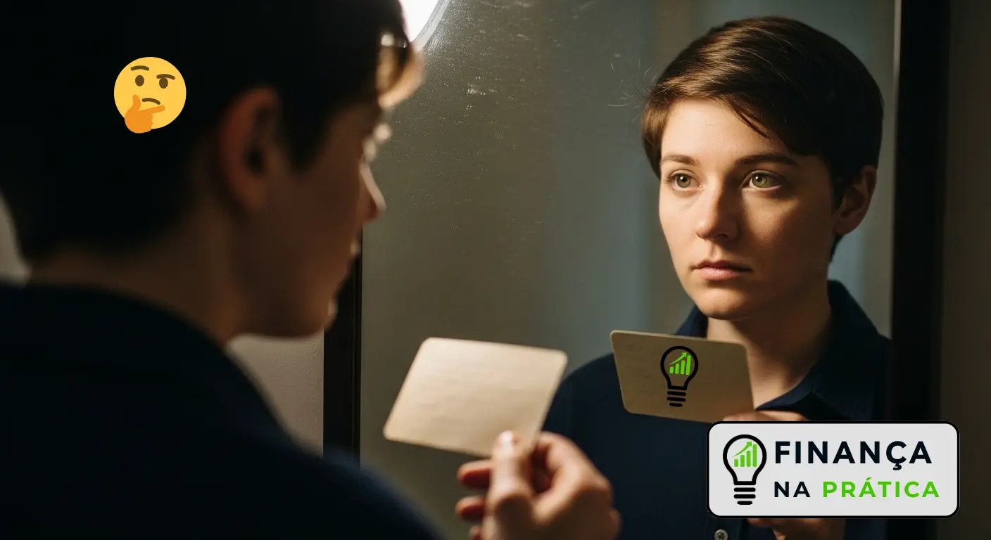 Pessoa olhando para o espelho segurando uma nota de dinheiro, refletindo sobre hábitos e emoções financeiras.