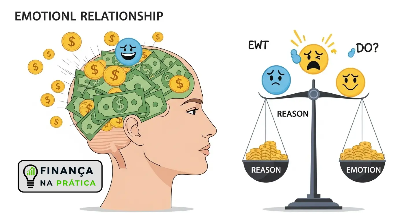 Ilustração da mente humana com símbolos de dinheiro e uma balança entre razão e emoção.