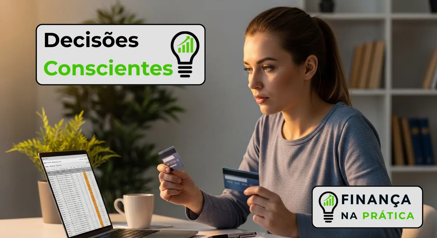 Mulher analisando cartões de crédito para evitar dívidas