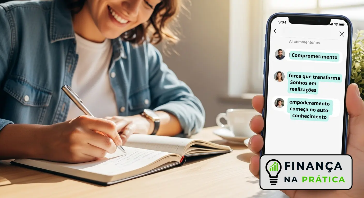 Pessoa escrevendo seu compromisso financeiro para compartilhar nos comentários