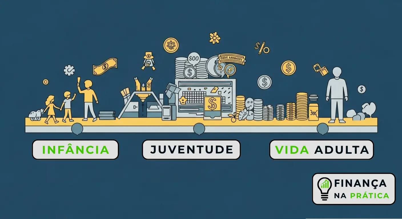 Linha do tempo ilustrada da vida financeira: infância, juventude e fase adulta.