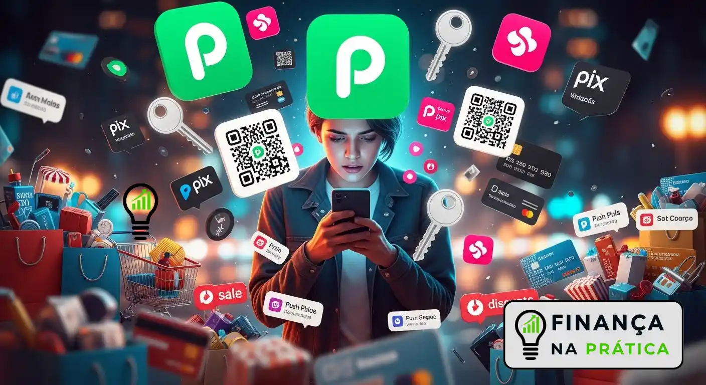 Ilustração mostrando cartões de crédito, aplicativos de pagamento e compras online em volta de uma pessoa sobrecarregada.