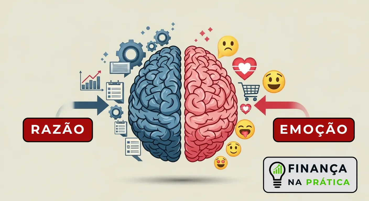 Infográfico mostrando sistema límbico versus córtex pré-frontal nas decisões financeiras