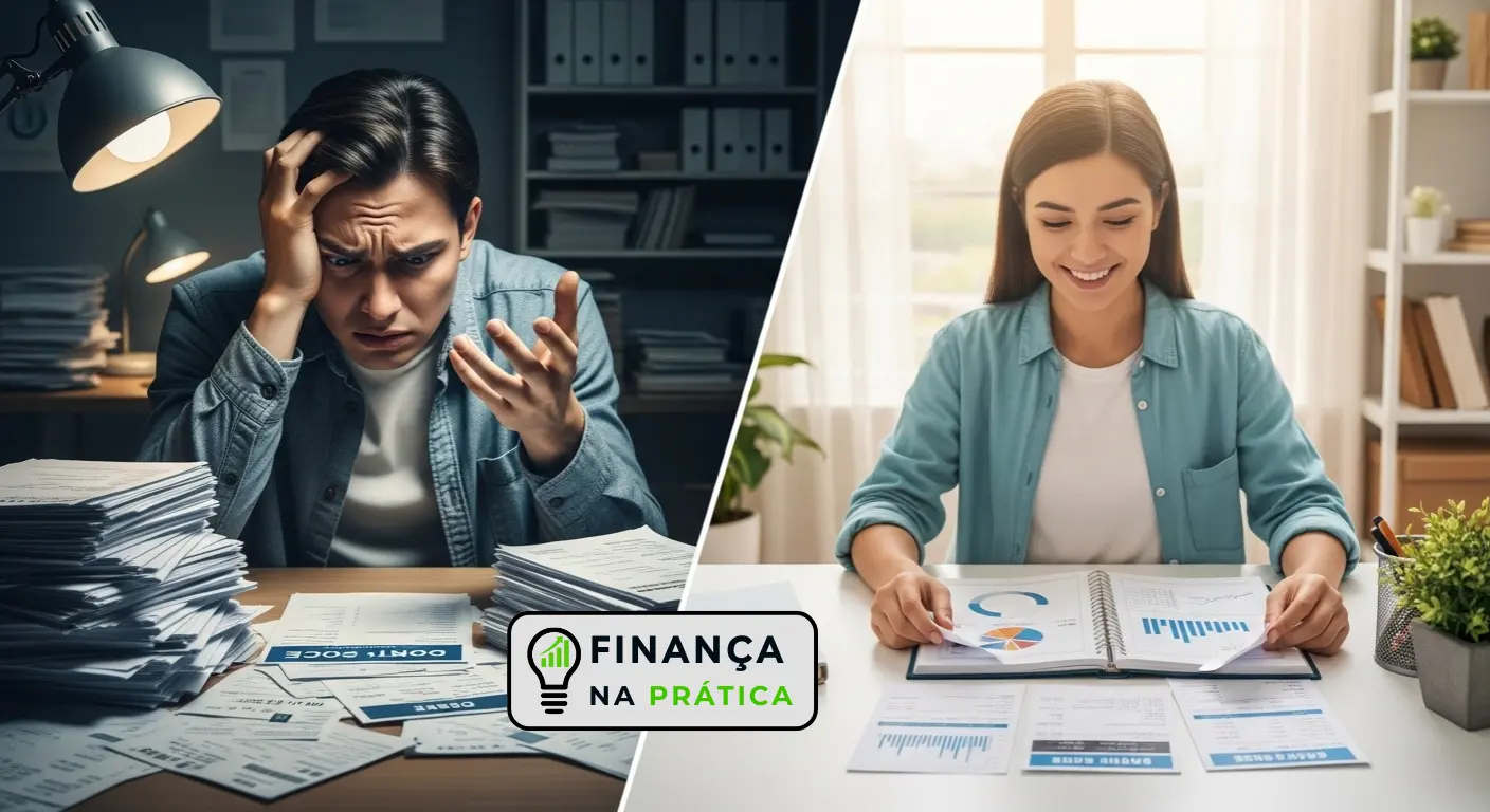 Imagem dividida entre uma pessoa estressada com dívidas e outra serena com planejamento.