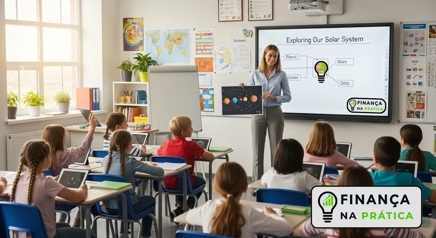 Professor explicando finanças para jovens em sala de aula, simbolizando o início da educação financeira nas escolas.