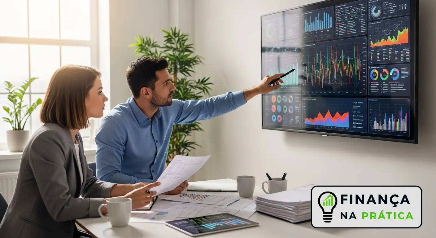 Casal estudando finanças e analisando gráficos