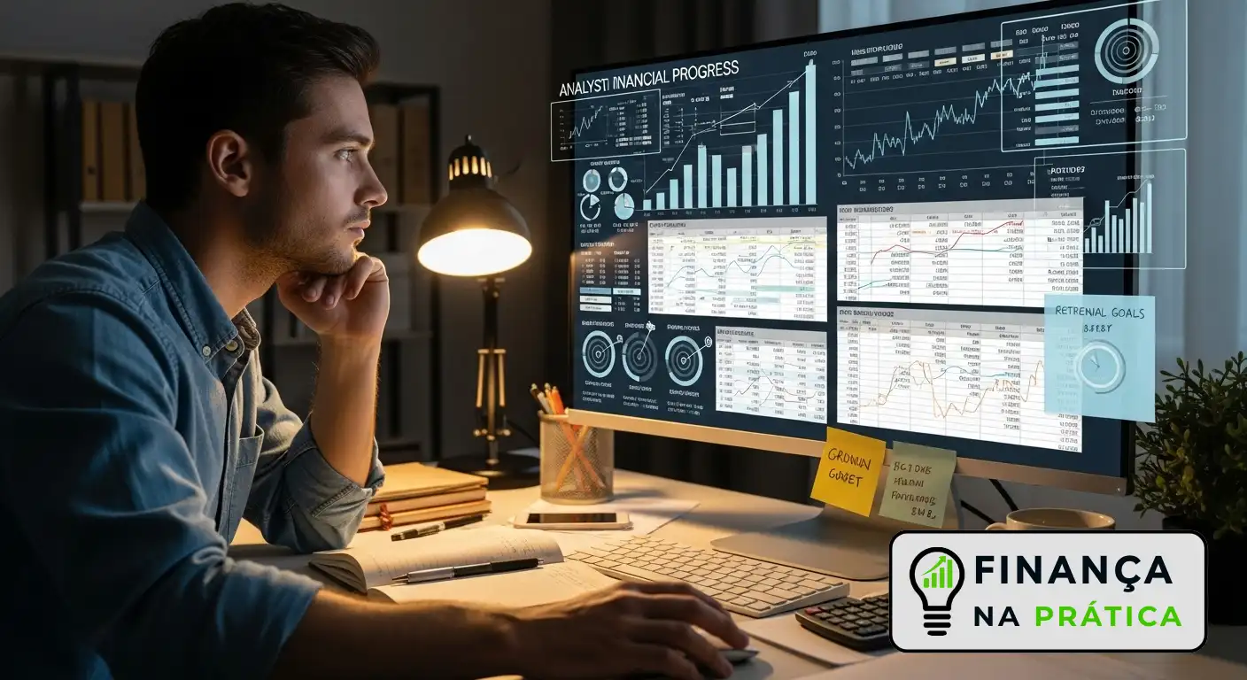 Pessoa analisando gráficos e planilhas de metas financeiras
