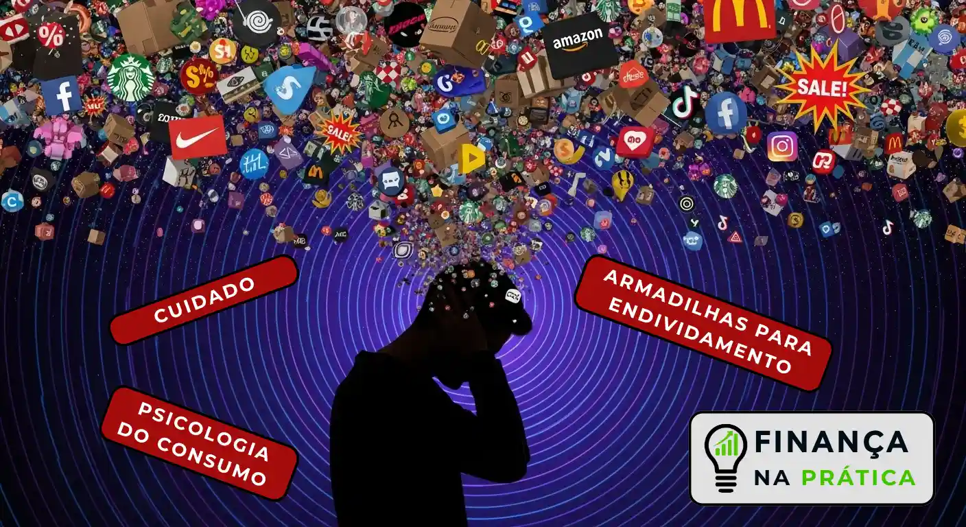 Ilustração de uma pessoa sendo bombardeada por mensagens de marketing, representando a psicologia do consumo e manipulação