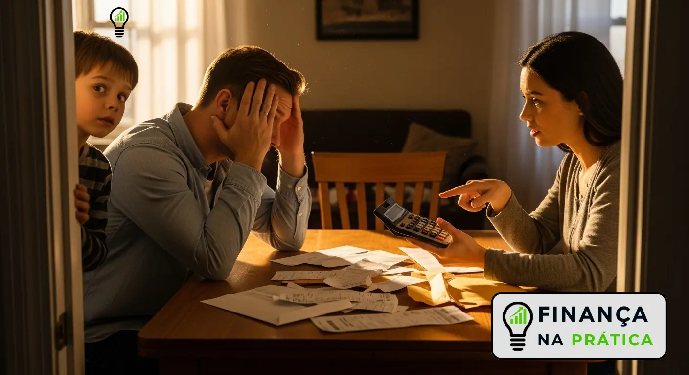 Criança ouvindo conversa de pais sobre dinheiro, representando como crenças limitantes se formam na infância.