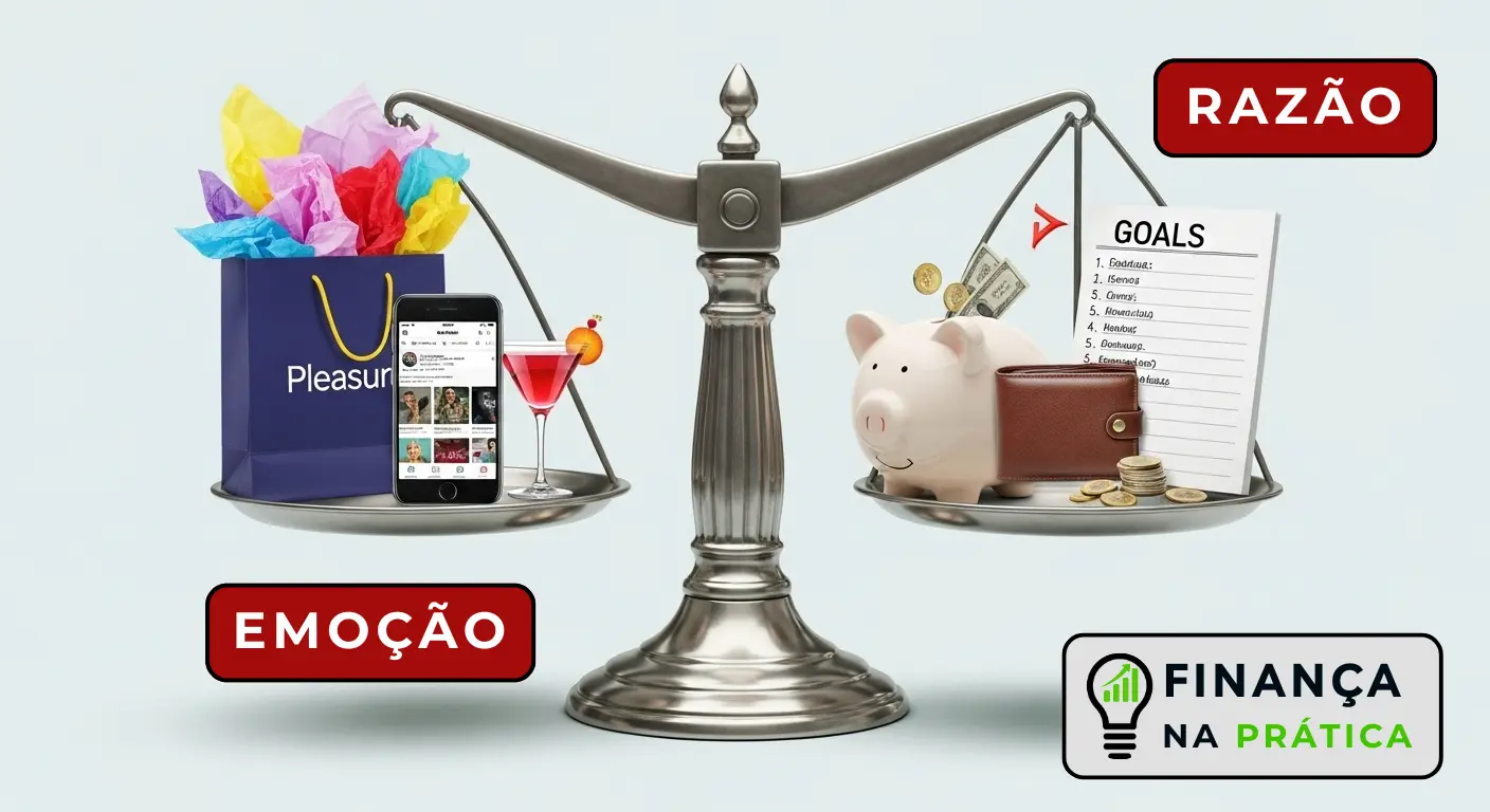 Balança equilibrando impulso do consumo e planejamento financeiro