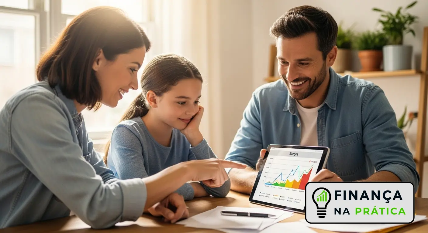 Família revisando orçamento doméstico em tablet