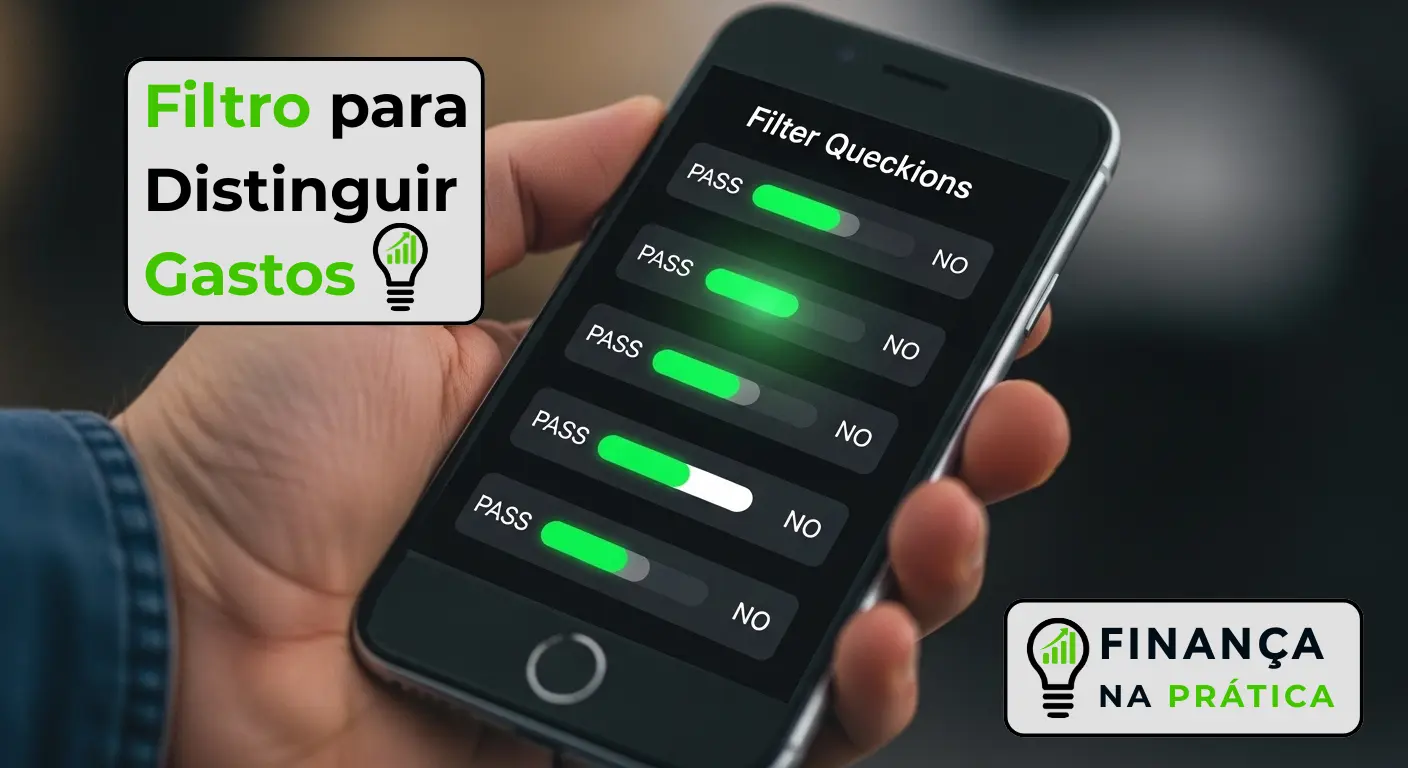 Mão usando um smartphone com o 'Teste das 5 Perguntas Filtro' na tela para decisões de compra