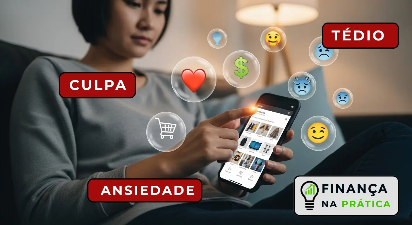 Pessoa comprando online no celular com várias emoções ao redor, simbolizando gatilhos emocionais de consumo.
