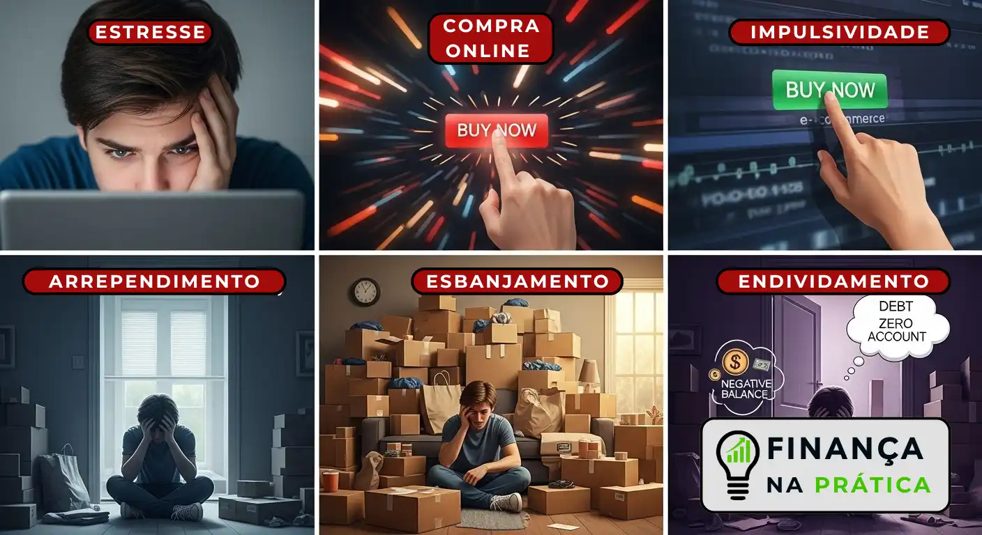 Sequência mostrando ciclo de compra impulsiva e arrependimento