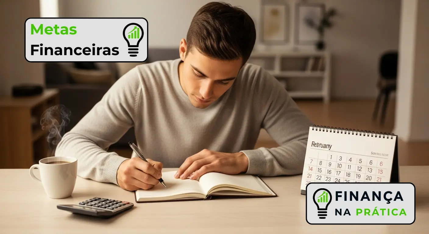 Pessoa definindo metas financeiras no caderno
