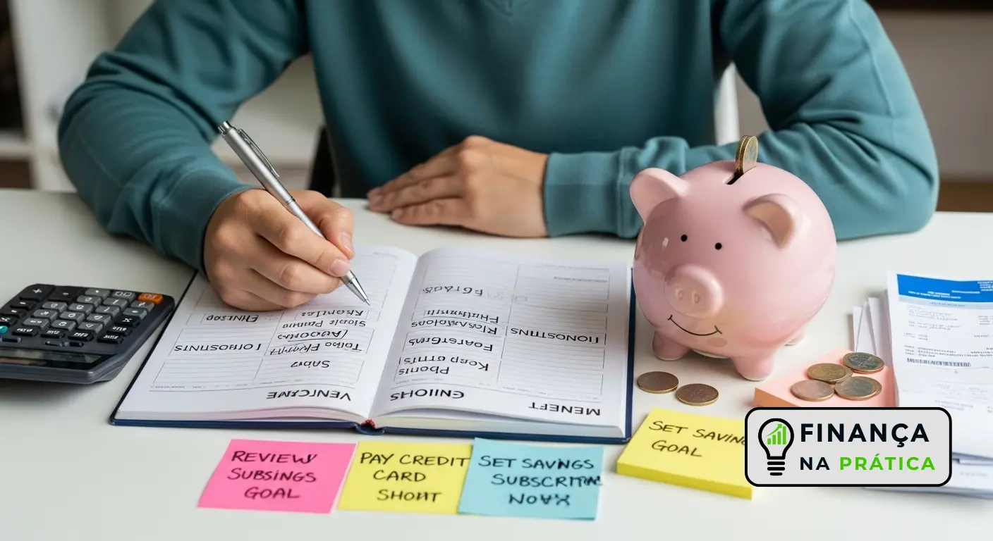 Pessoa organizando finanças com agenda, anotações e cofrinho, transmitindo foco e disciplina.