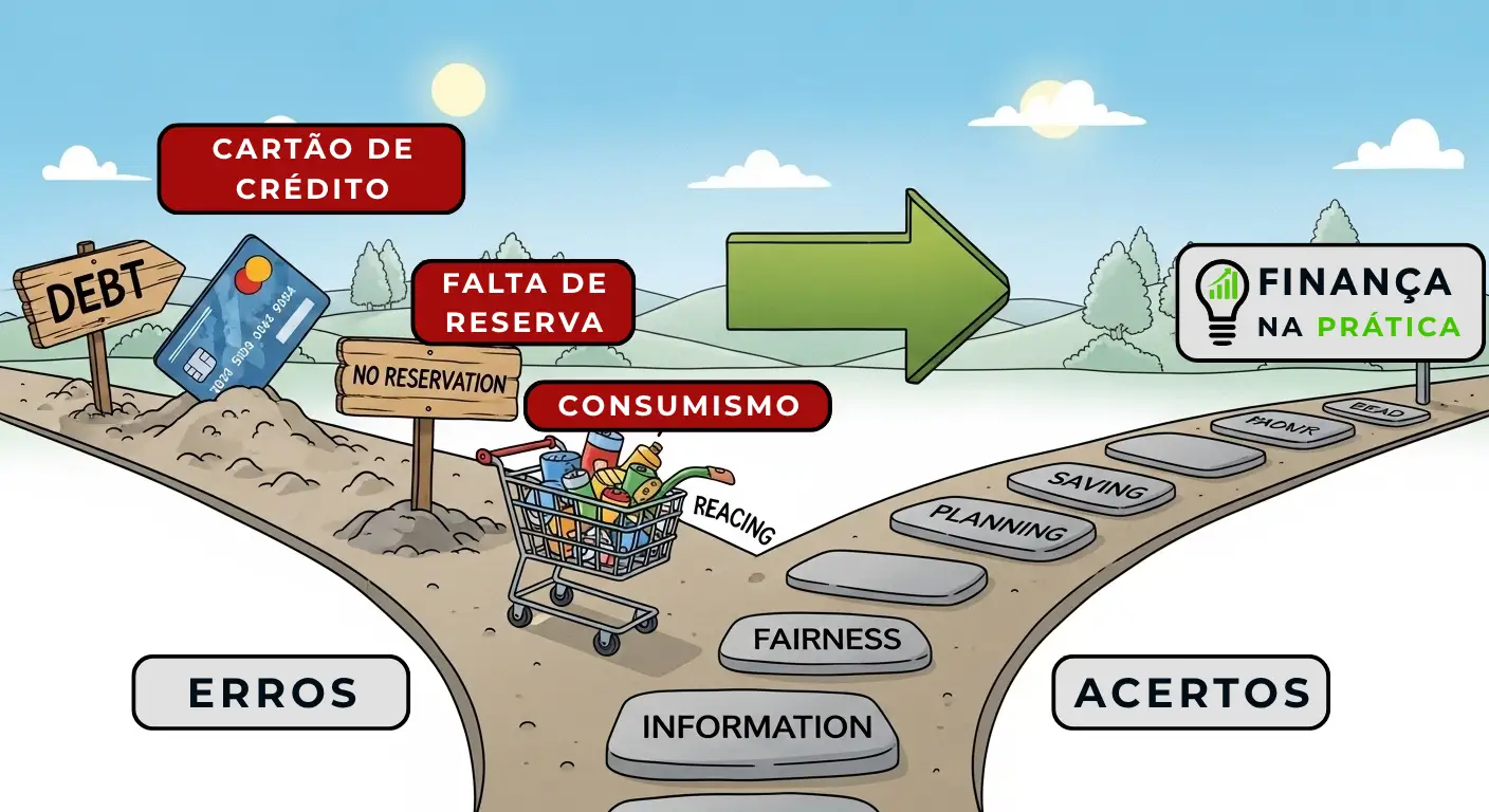 Ilustração de estrada com placas de erros (consumismo, cartão, falta de reserva) e acertos.