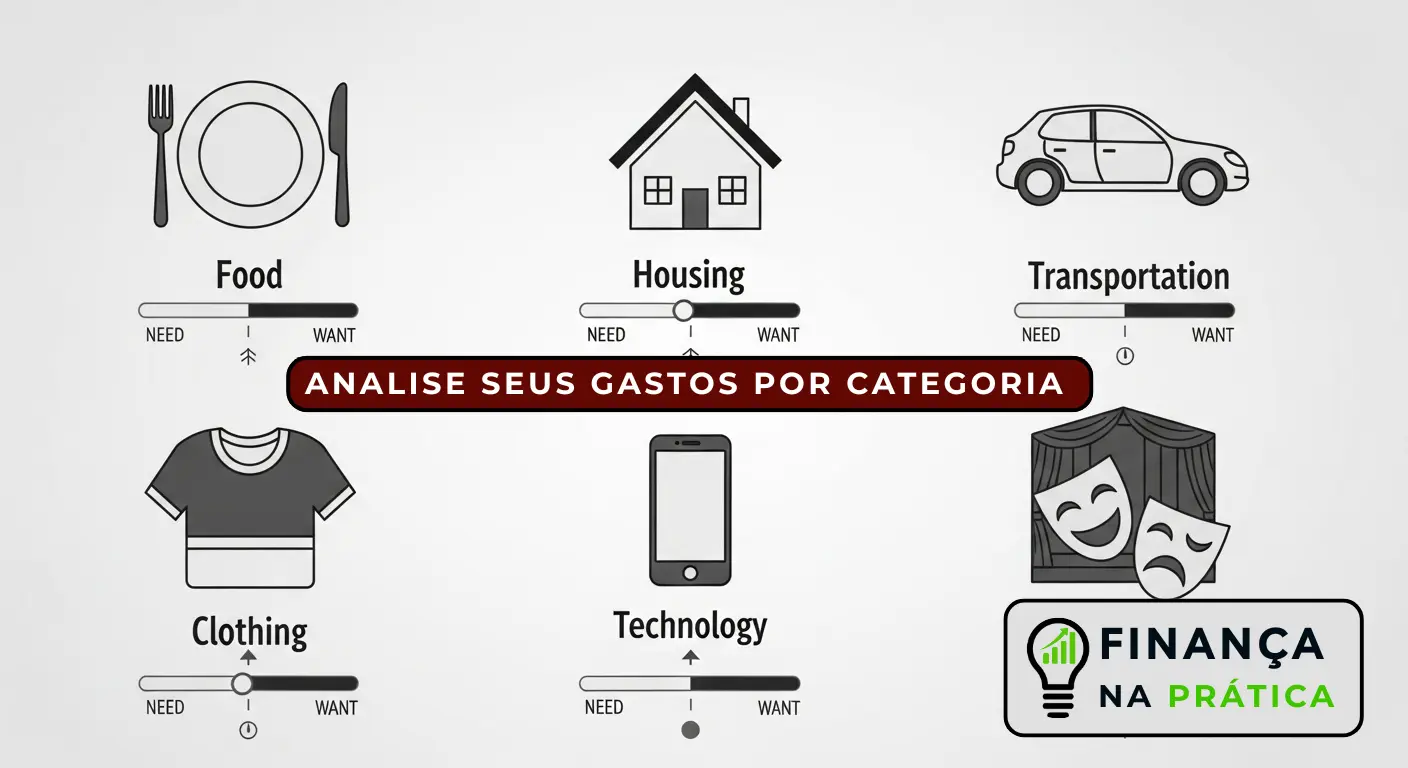 Ícones representando as principais categorias de gastos: alimentação, moradia, transporte, vestuário, tecnologia e entretenimento