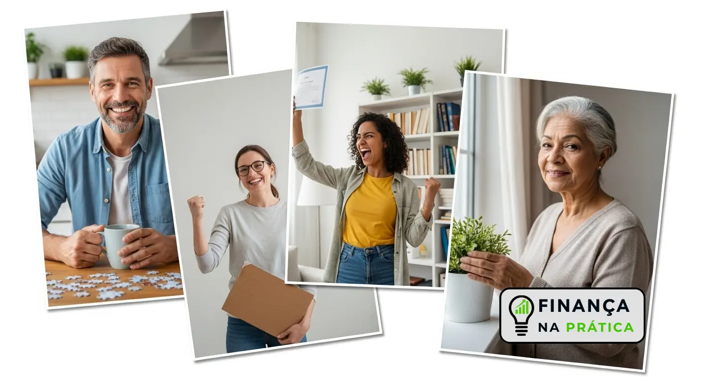 Colagem de quatro pessoas reais com expressões de superação em ambiente doméstico.