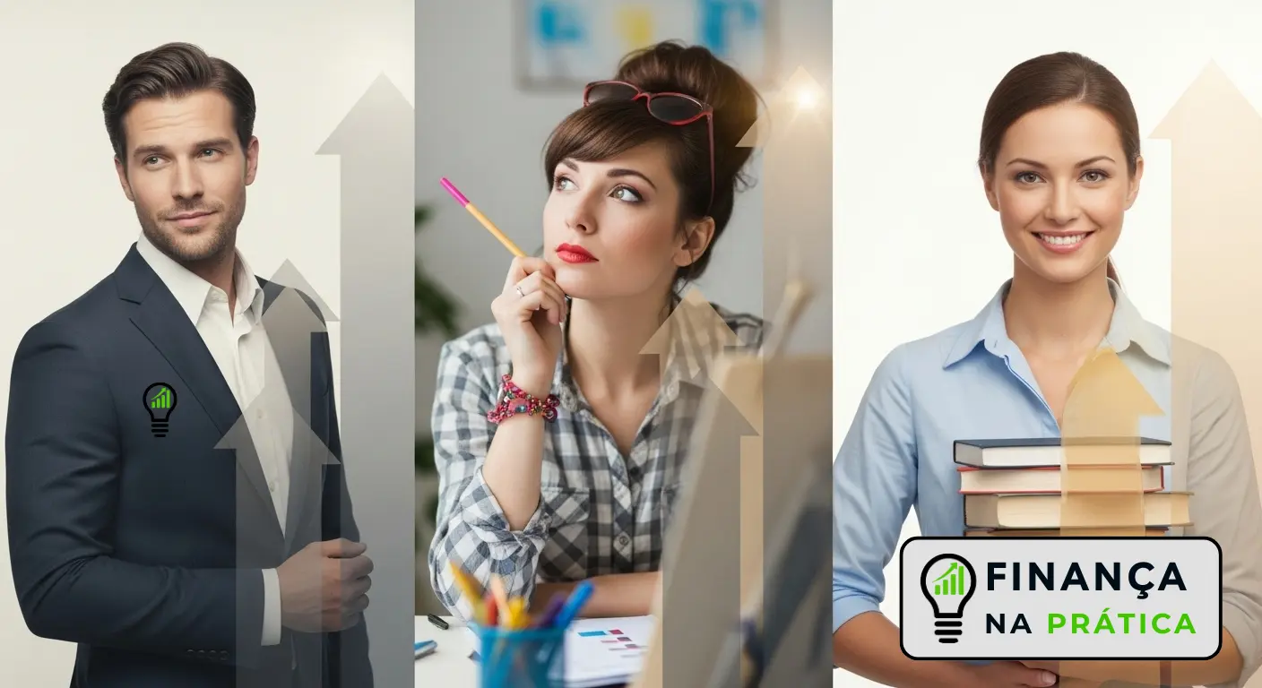 Três pessoas diferentes em colagem representando histórias reais de transformação financeira.