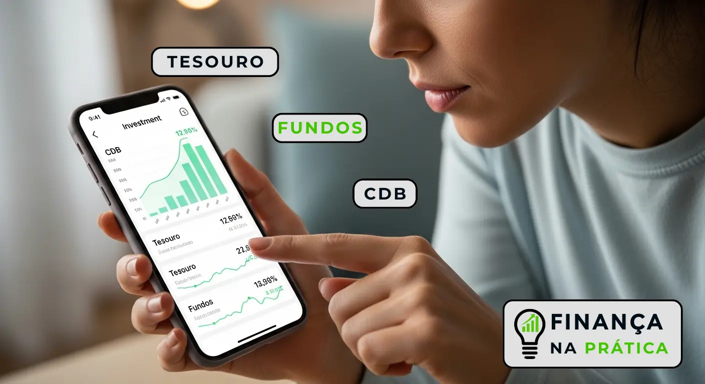 Mulher analisando investimentos de baixo risco em app financeiro