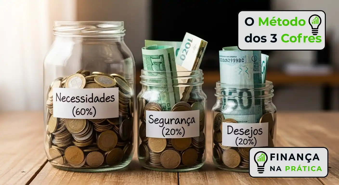 Três potes de vidro representando a alocação de orçamento pelo Método dos 3 Cofres (Necessidades, Segurança, Desejos)