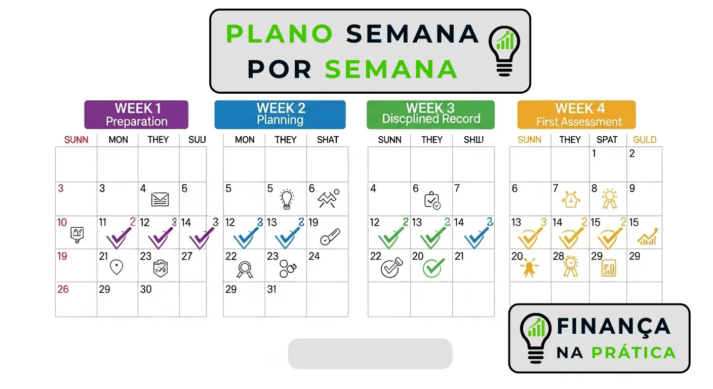 Calendário de 30 dias com plano de ação semanal para implementar orçamento pessoal