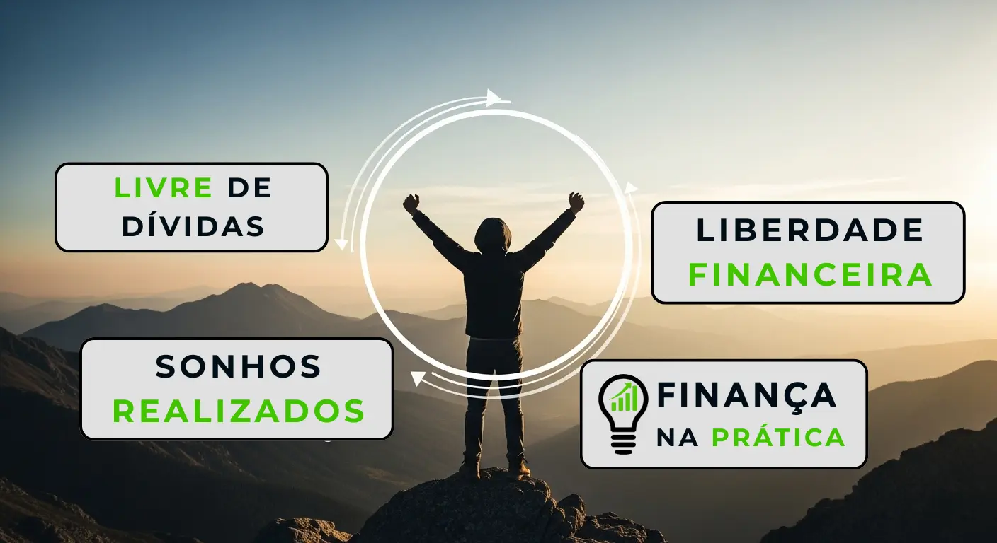 Pessoa celebrando conquista da liberdade financeira através do controle de orçamento