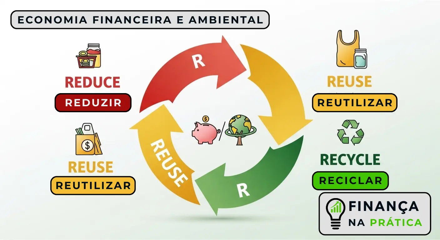 Diagrama circular dos três Rs da sustentabilidade aplicados ao consumo consciente economizando dinheiro e meio ambiente