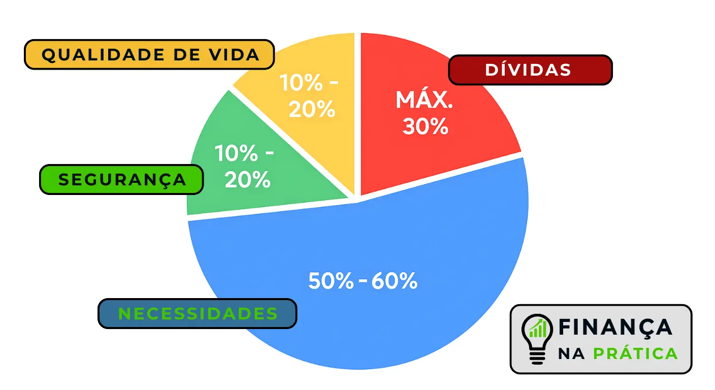 Gráfico de pizza mostrando distribuição ideal de categorias no orçamento pessoal