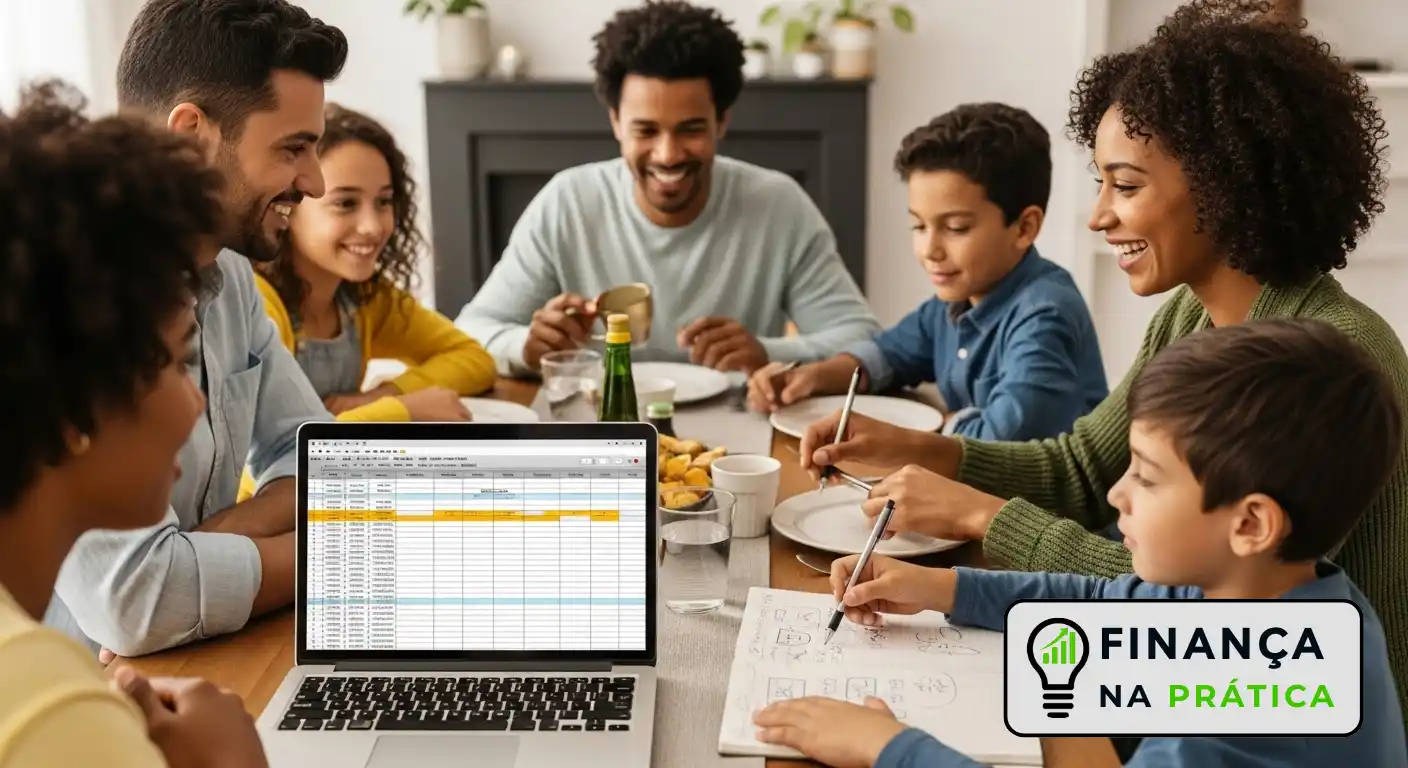 Família reunida fazendo planejamento financeiro juntos com orçamento familiar colaborativo