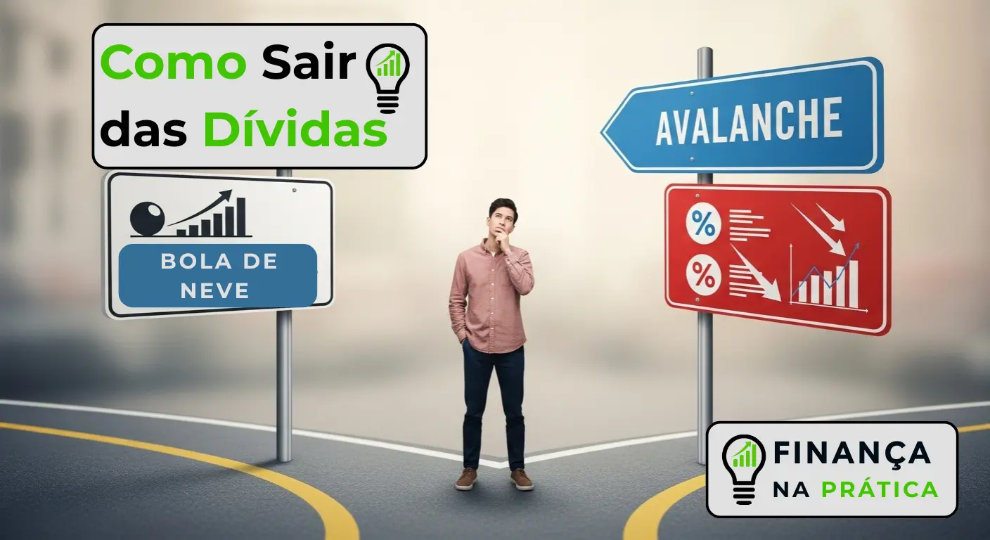 Pessoa refletindo diante de dois caminhos: método Bola de Neve e método Avalanche para quitar dívidas