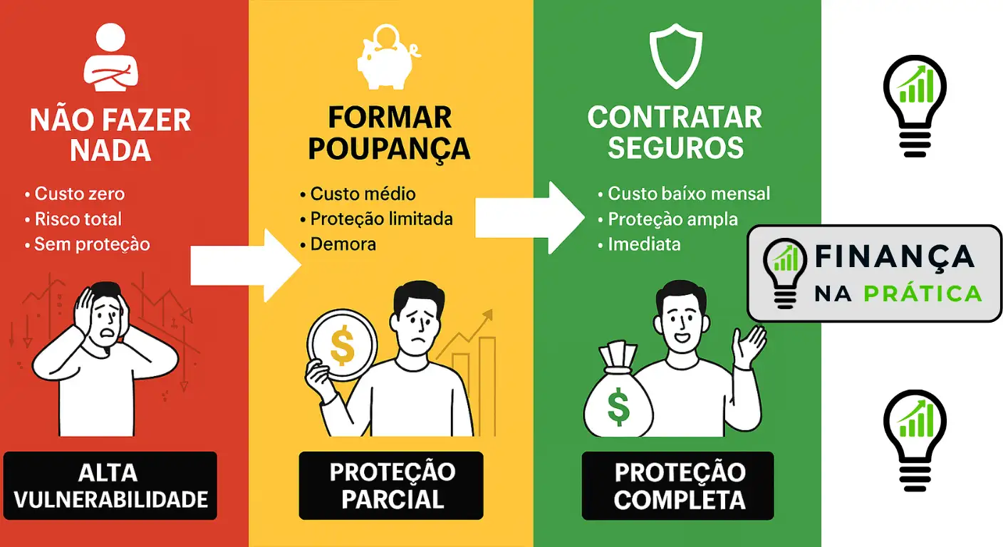 Tabela comparativa mostrando três estratégias para lidar com riscos financeiros: não fazer nada, formar poupança ou contratar seguros