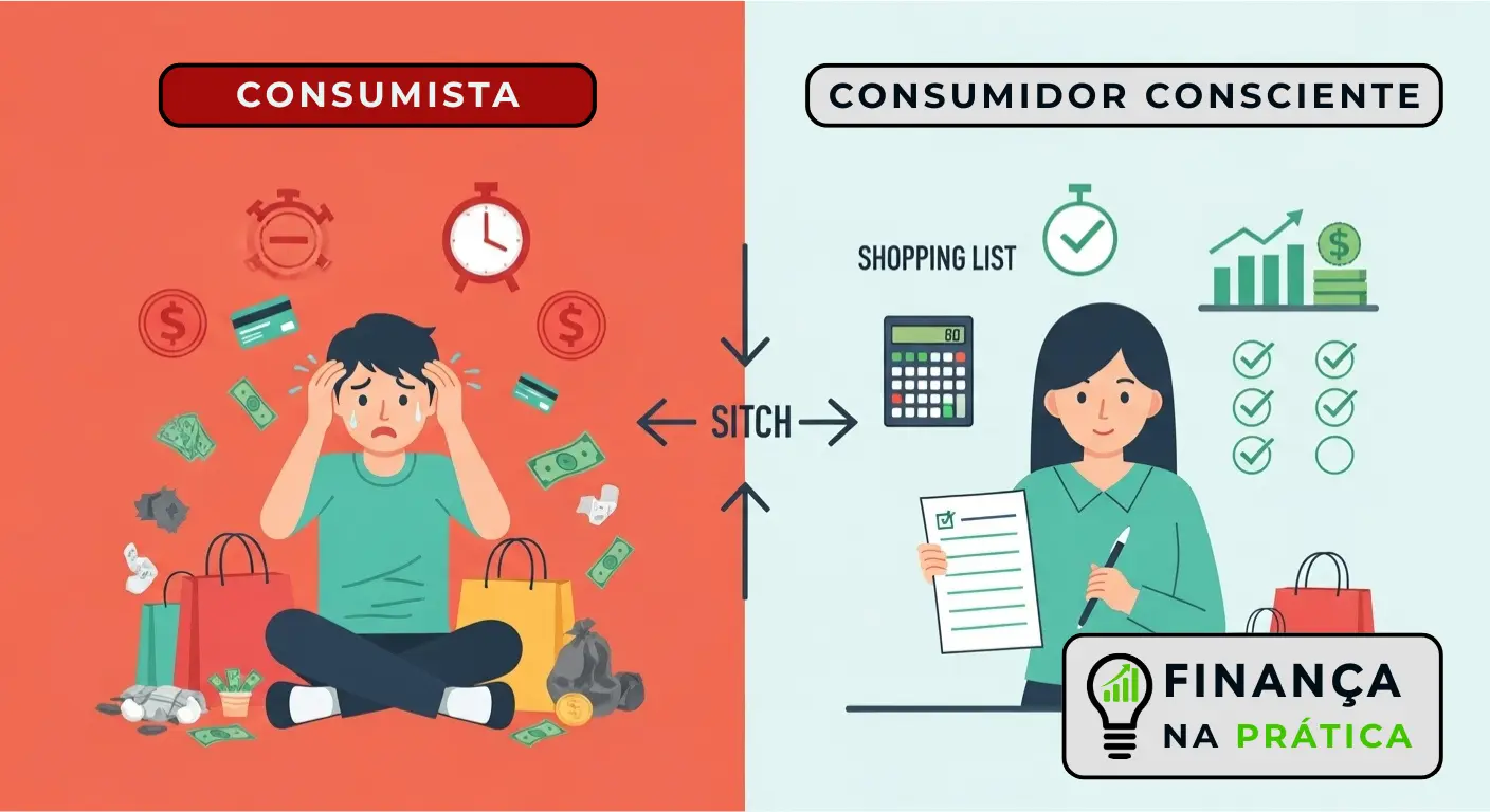 Tabela comparativa visual mostrando diferenças entre comportamento consumista impulsivo e consumidor consciente planejado