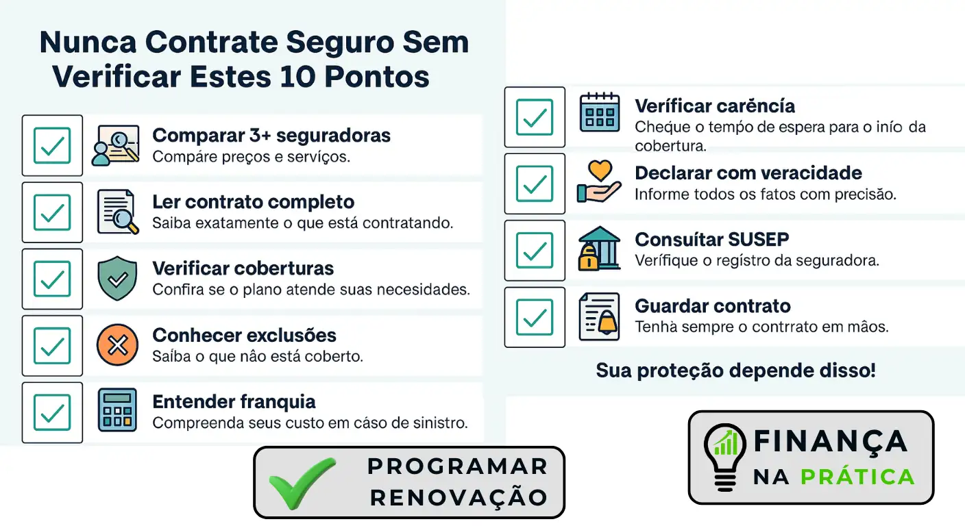 Checklist visual completo com cuidados essenciais ao contratar seguros para evitar surpresas e garantir cobertura adequada