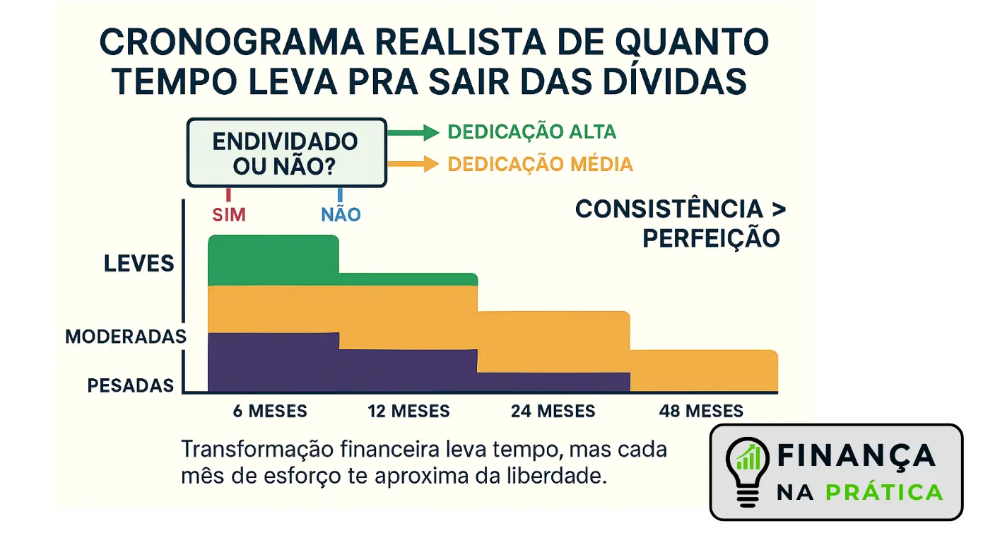 Gráfico de linha do tempo realista mostrando progressão esperada para eliminação de dívidas