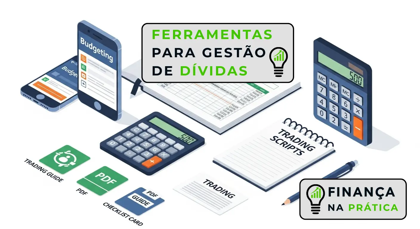 Conjunto de ferramentas para gestão de dívidas incluindo calculadora planilhas e aplicativos financeiros