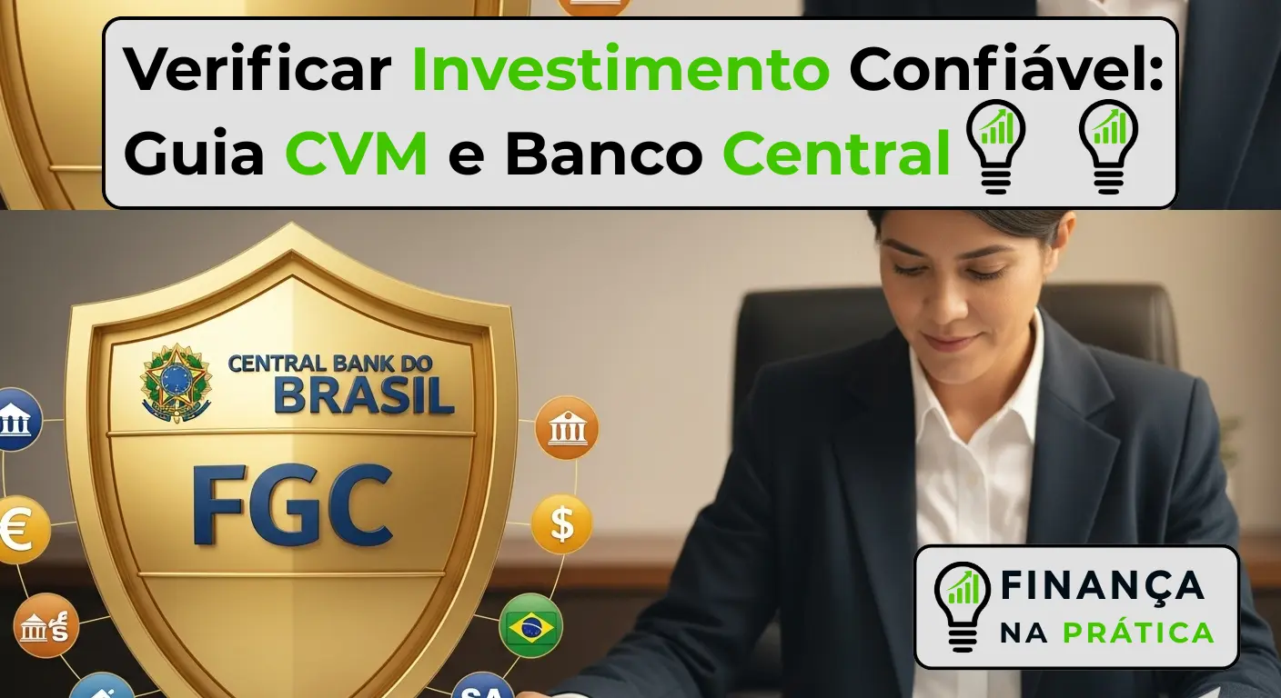 Pessoa analisando investimentos com ícone de escudo representando o Fundo Garantidor de Crédito e o Banco Central do Brasil
