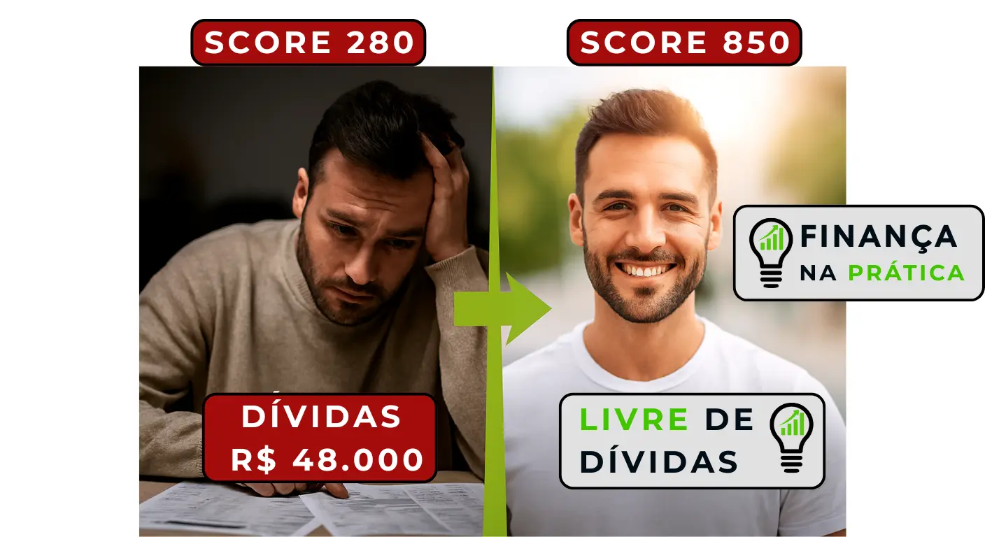 Comparação antes e depois de pessoa que conquistou liberdade financeira eliminando dívidas