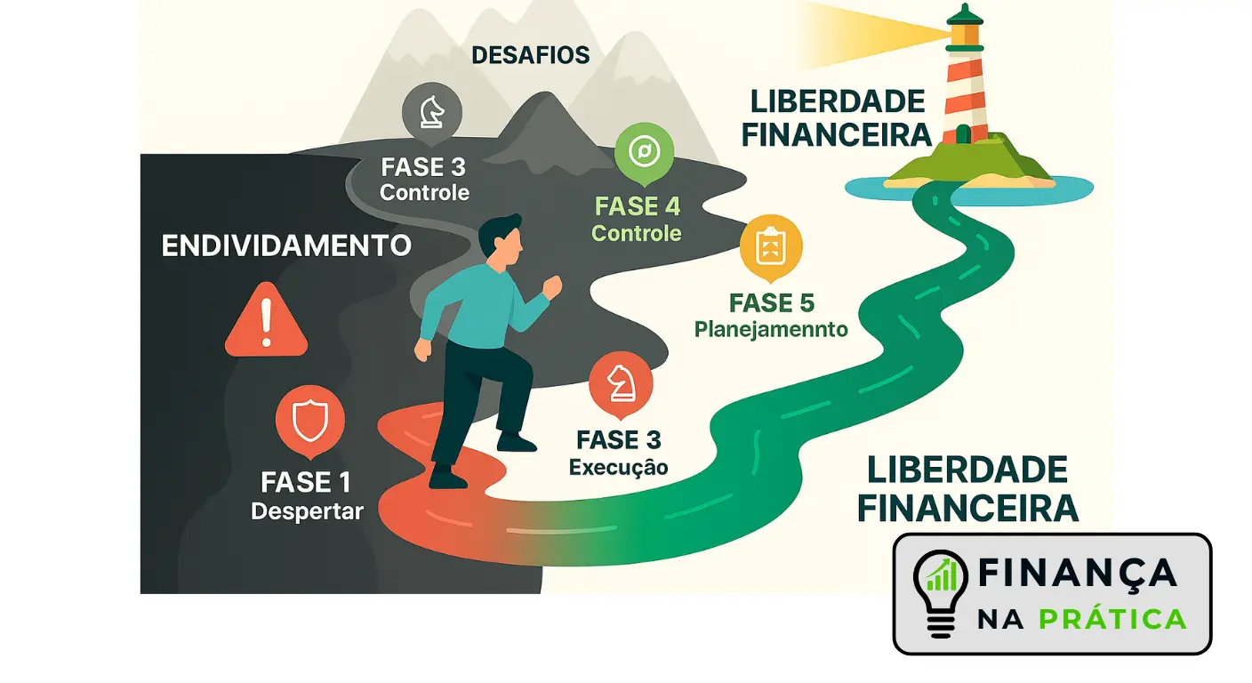Linha do tempo visual da jornada desde endividamento até conquista da liberdade financeira