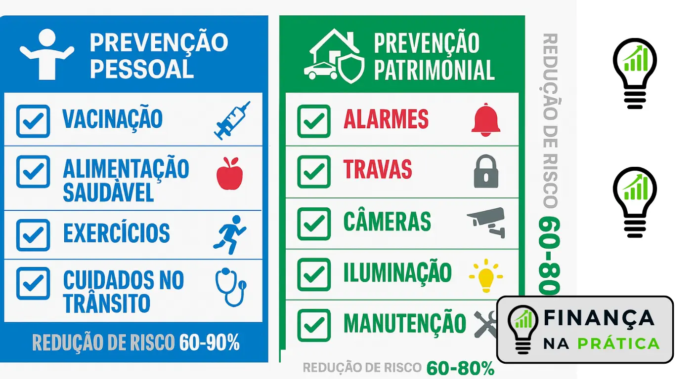 Checklist visual de medidas preventivas práticas para reduzir riscos pessoais, patrimoniais e financeiros no dia a dia